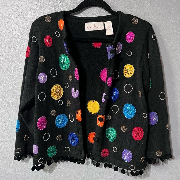 Vntg Jane’s Closet Beaded Circles Multicolor Sweater Cardigan SM Sequins/Beading - Picture 2 of 8